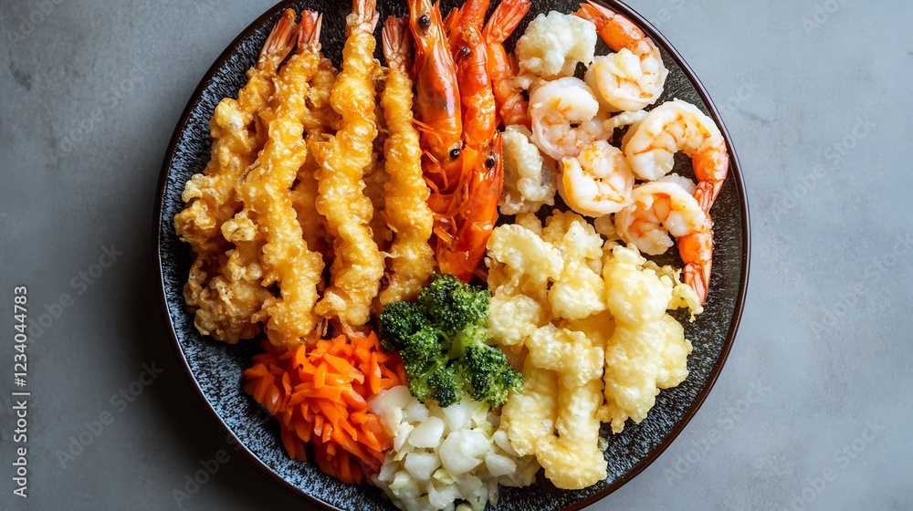 Crispy tempura assortment including shrimp vegetables arranged symmetrically on a plate for a topdown shot Crispy tempura assortment including shrimp vegetables arranged symmetrically on a plate for a topdown shot