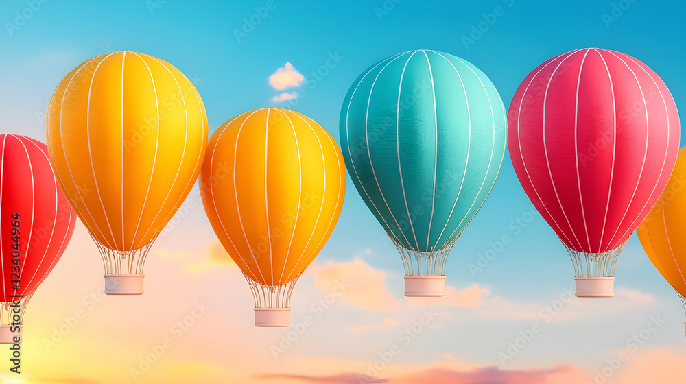 Fototapeta premium Colorful hot air balloons soar at sunset; travel, adventure