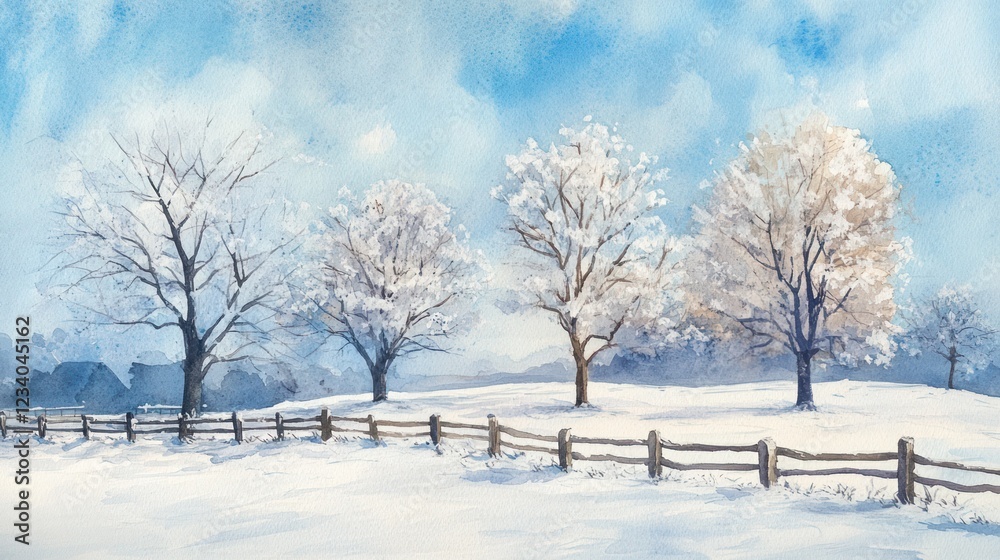 Winter wonderland snow-covered trees, fence, rural landscape Winter wonderland snow-covered trees, fence, rural landscape