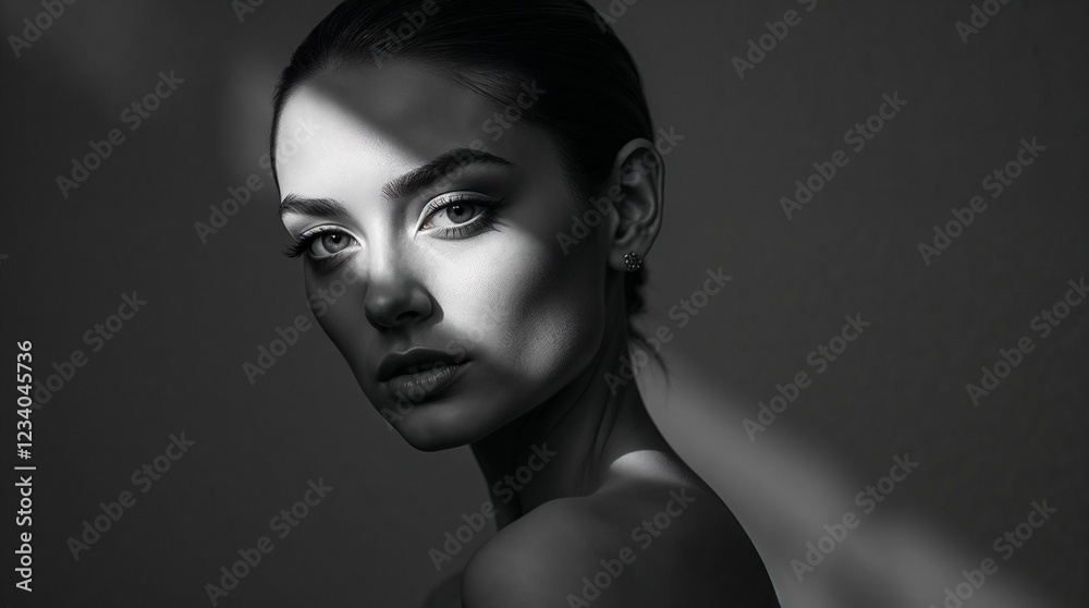  Black and white portrait of woman with dramatic shadow lighting.