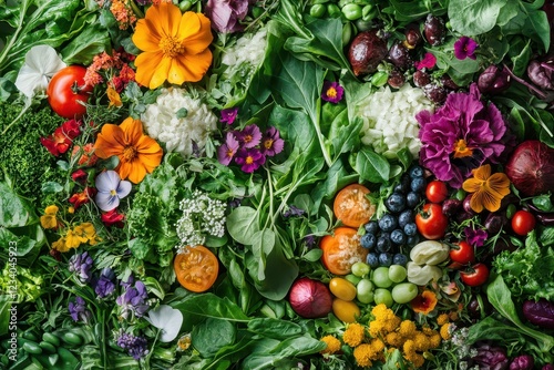 Artistic arrangement of vibrant salads with diverse ingredients, top-down shot, fresh and appetizing presentation, balanced colors photo