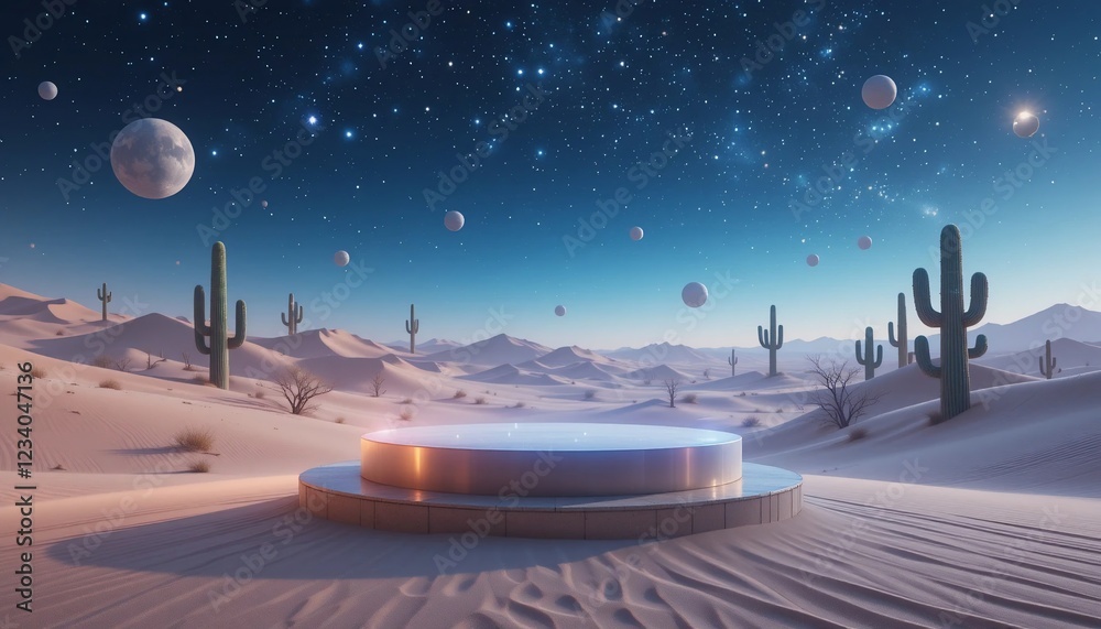 Obraz premium Surreal Desert Landscape with Starry Night Cactus and Platform for Product Display