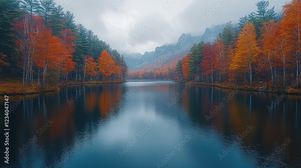 Autumnal Serenity: A Misty Mountain Lake Reflected in Still Waters Autumnal Serenity: A Misty Mountain Lake Reflected in Still Waters