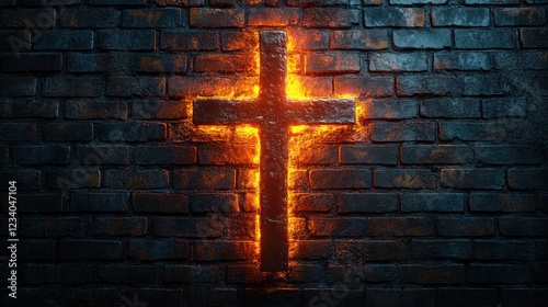 Glowing Cross Embedded in a Dark Brick Wall