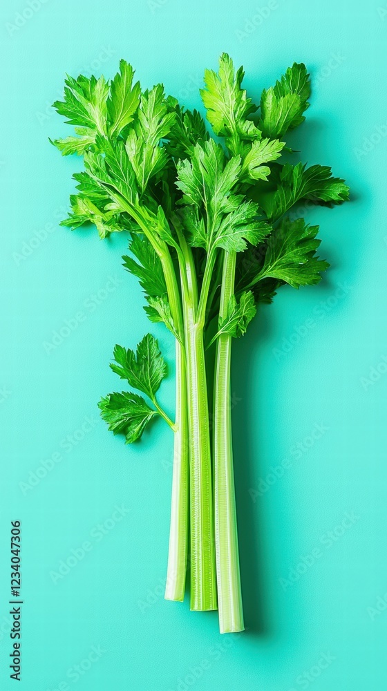 Minimalist celery stalk on blue background with soft shadows Minimalist celery stalk on blue background with soft shadows
