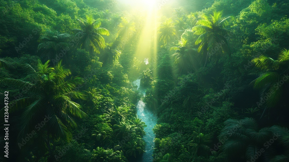 Lush Tropical Paradise: An Aerial View of a Serene River Flowing Through a Verdant Jungle Canopy Lush Tropical Paradise: An Aerial View of a Serene River Flowing Through a Verdant Jungle Canopy