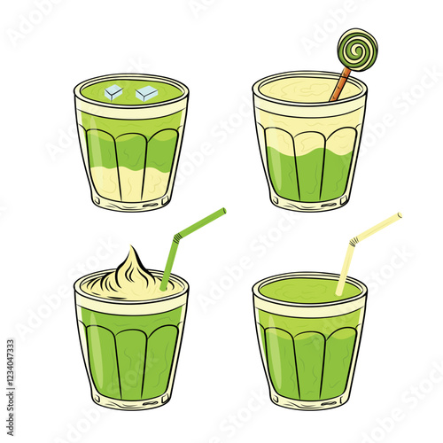 Set of glasses with drink, green tea, matcha coffee. Refreshing summer drinks.Vector