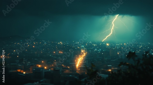 A dramatic lightning bolt illuminates the night sky over an expansive cityscape, highlighting the power and awe of nature amidst urban life. photo