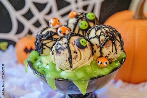 Halloween Themed Ice Cream Sundae with Dark Chocolate and Candy
