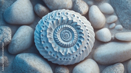 An artful arrangement of a spiral shell on smooth white pebbles, displaying a natural aesthetic in soft, diffused lighting. photo