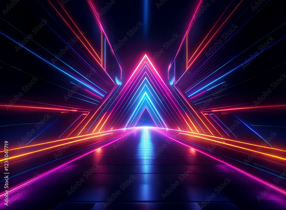 Fototapeta premium A vibrant, neon-lit corridor featuring a striking triangular structure at its center. Bright pink, blue, and orange lines converge, creating a dynamic and futuristic atmosphere. The reflective floor