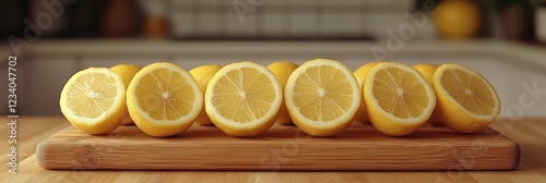 A Row of Juicy Lemon Halves on a Wooden Board photo