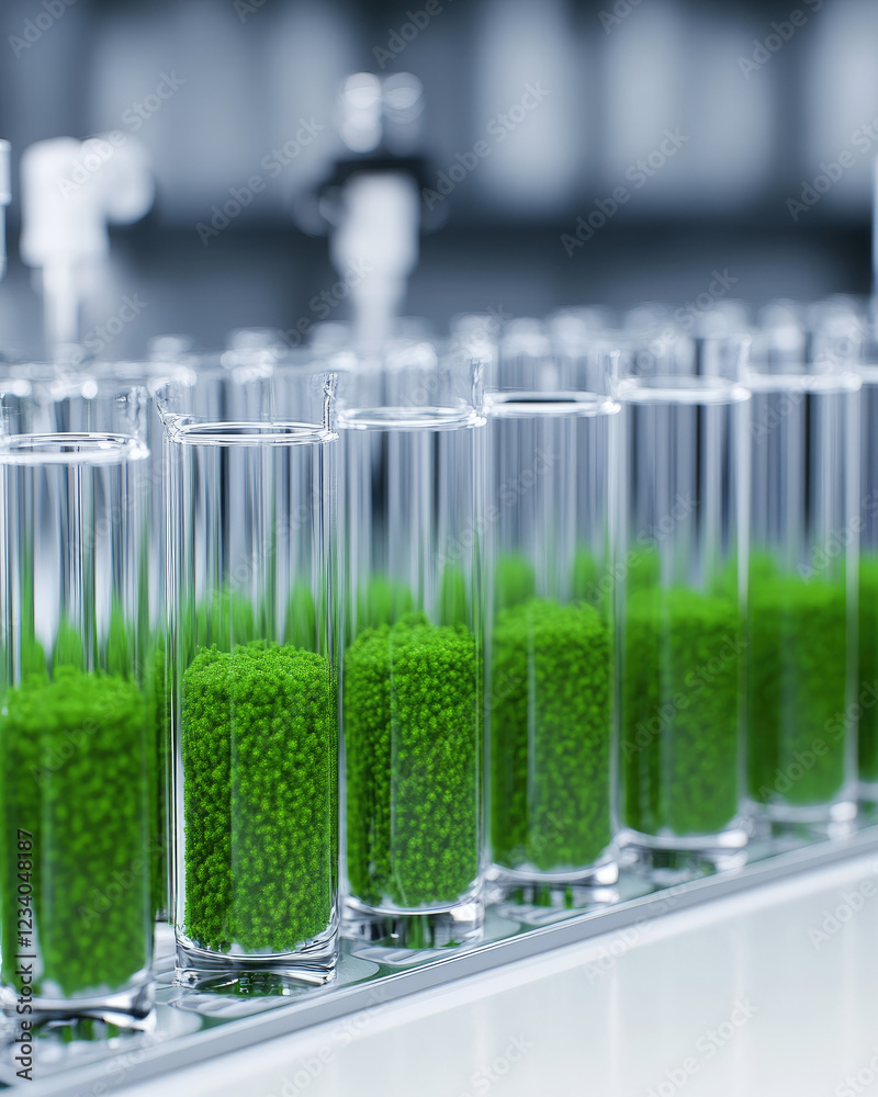 Test tubes filled with vibrant green algae, showcasing a scientific experiment or study in a laboratory setting. Test tubes filled with vibrant green algae, showcasing a scientific experiment or study in a laboratory setting.