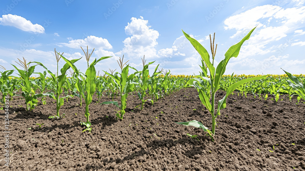 Green corn plants growing in field under bright blue sky with clouds Green corn plants growing in field under bright blue sky with clouds