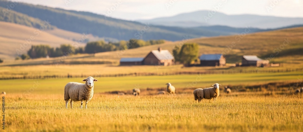 Obraz premium Serene rural landscape with grazing sheep in a golden field under a soft sunset glow