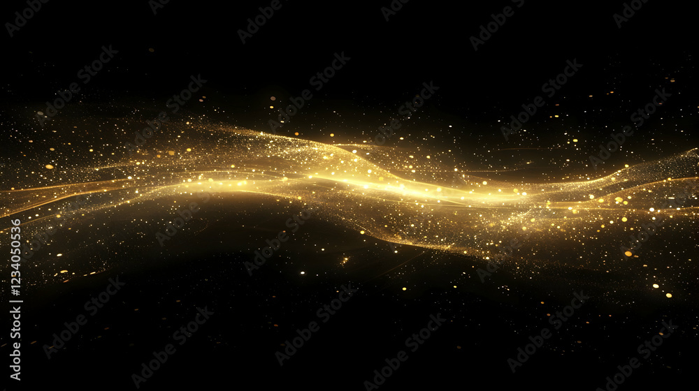 A shimmering wave of golden light and particles on a black background. A shimmering wave of golden light and particles on a black background.