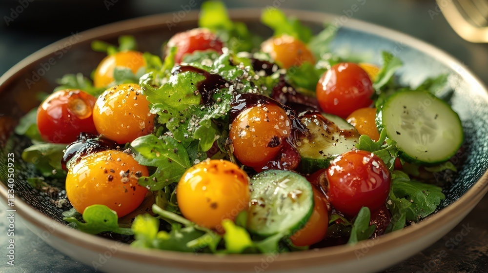 Delicious Summer Salad: Vibrant Tomatoes, Cucumbers, and Arugula with Balsamic Glaze Delicious Summer Salad: Vibrant Tomatoes, Cucumbers, and Arugula with Balsamic Glaze