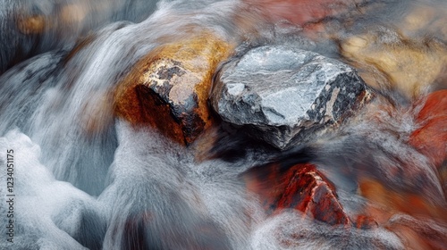 Energetic stream rushes over vividly colored rocks, blending fluid motion with vibrant textures, capturing nature’s lively essence.