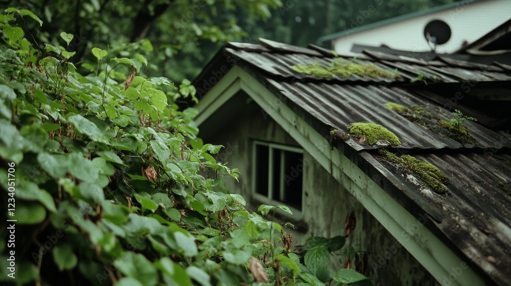 An old roof with moss-covered shingles nestles among lush green foliage, blending nature with vintage architecture. An old roof with moss-covered shingles nestles among lush green foliage, blending nature with vintage architecture.