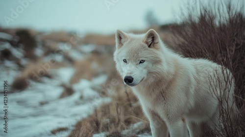 A white wolf, with a piercing gaze, stands amidst a snow-dusted landscape, embodying strength and winter's mystique. photo