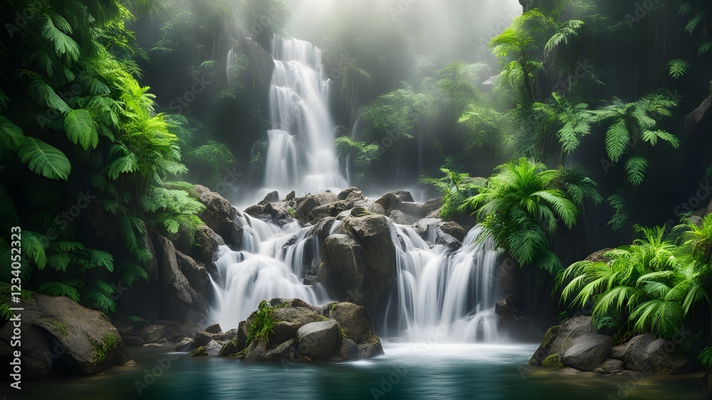 Fototapeta premium Serene waterfall cascading through lush tropical foliage, creating a tranquil and misty scene.