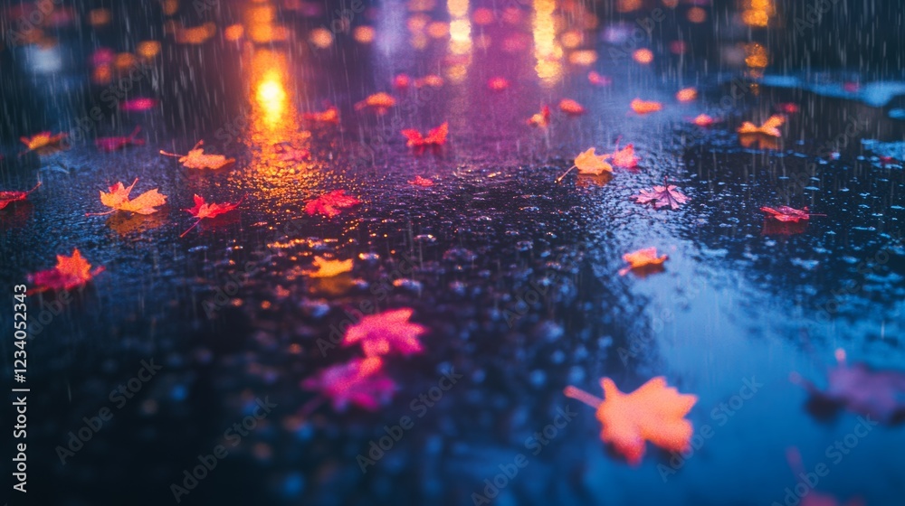 Fototapeta premium Vibrant autumn leaves reflect on a wet road during a rainy night, with warm lights illuminating the scene.