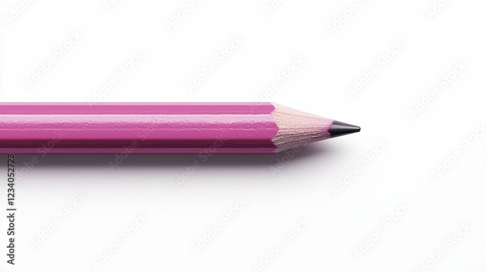A close-up image of a pink colored pencil with a sharpened tip, resting on a clean, white background. A close-up image of a pink colored pencil with a sharpened tip, resting on a clean, white background.