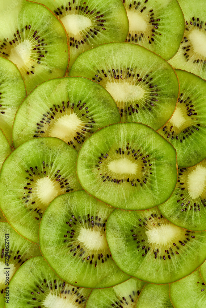 A close-up of sliced kiwis, showcasing the smooth texture of the skin and the contrasting texture of the seeds. The vibrant green color and intricate pattern make for a visually interesting image. A close-up of sliced kiwis, showcasing the smooth texture of the skin and the contrasting texture of the seeds. The vibrant green color and intricate pattern make for a visually interesting image.