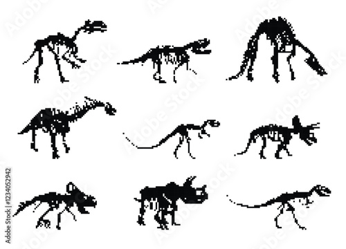 Set silhouettes of pixels skeletons dinosaurs.