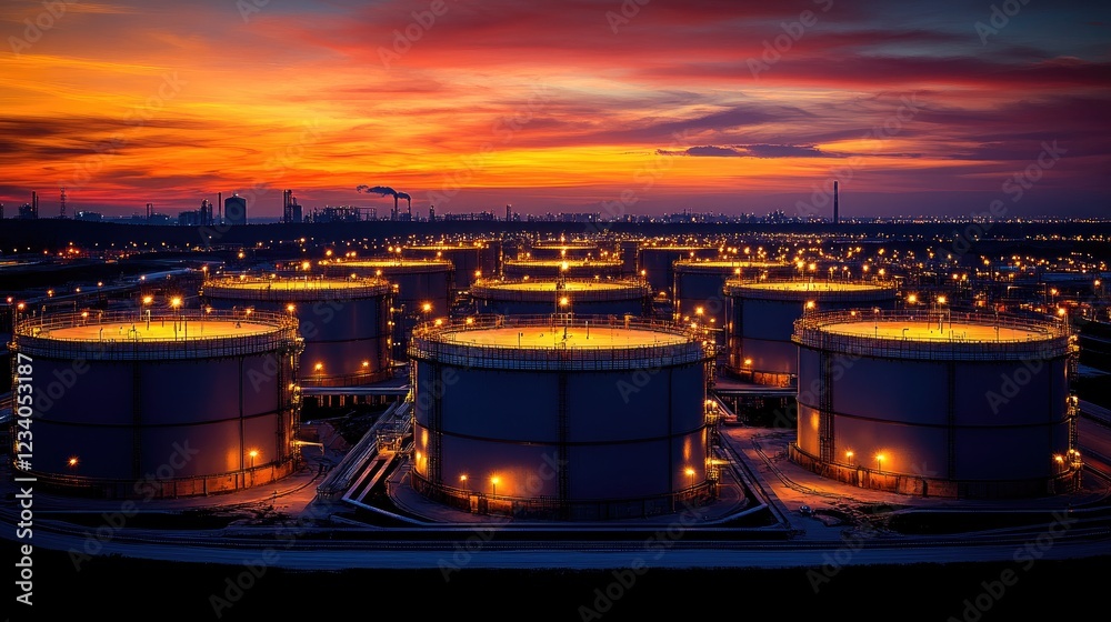 Naklejka premium Sunset Views of Industrial Storage Tanks