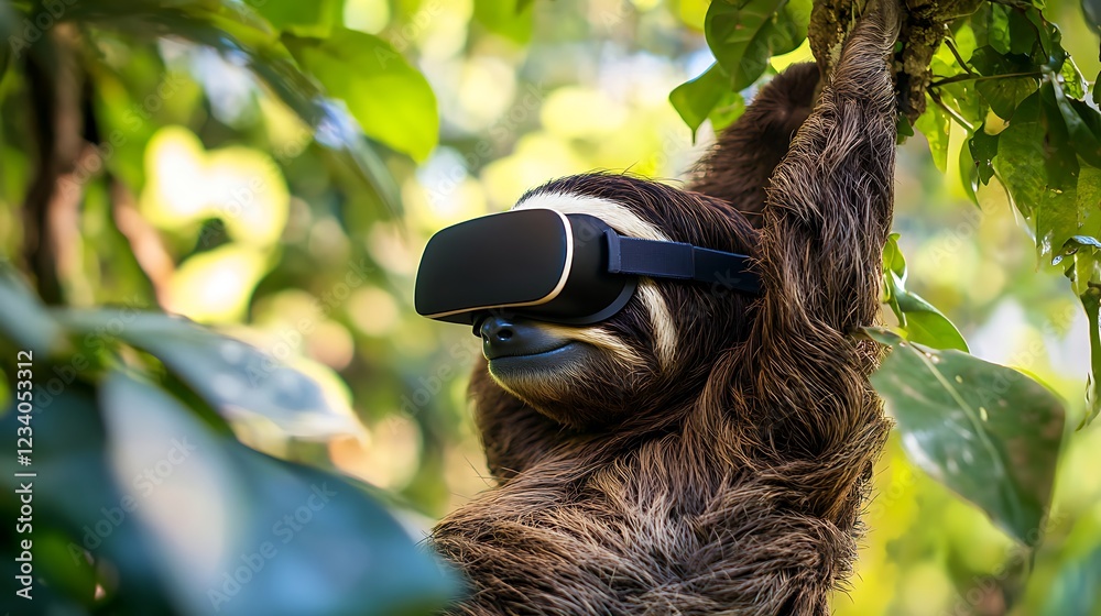 Obraz premium A sleepy sloth hanging upside down from a tree branch, wearing a virtual reality headset.
