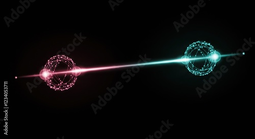 Quantum Entanglement Illustration with Red and Blue Spheres on Black Background