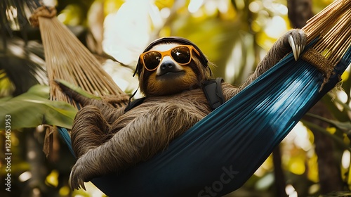 Fototapeta Naklejka Na Ścianę i Meble -  A sloth wearing a backpack and sunglasses, lounging on a hammock in the jungle