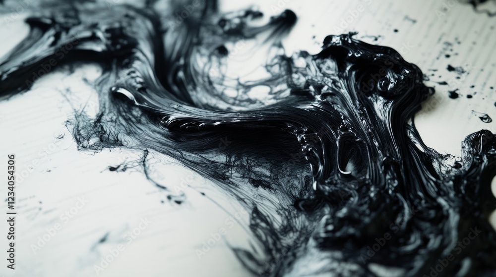 Dark, swirling ink spreads over a white surface, creating fluid, abstract patterns reminiscent of stormy waters or turbulent emotions.