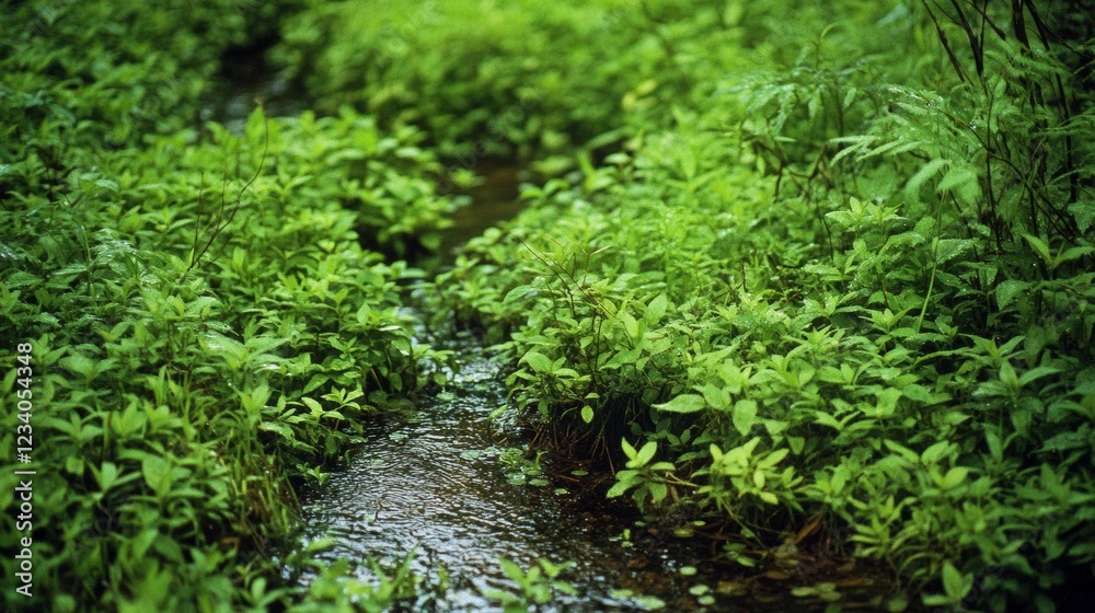 Fototapeta premium A narrow brook winds through lush greenery, evoking tranquility and the refreshing allure of nature’s untouched beauty.