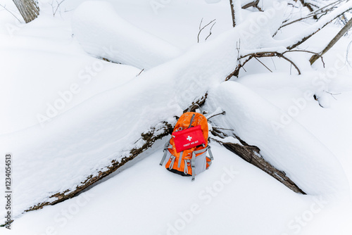 A person who is wearing a bright orange jacket is lying comfortably in the soft snow, fully enjoying the picturesque winter scenery that surrounds them during a funfilled, snowy adventure photo