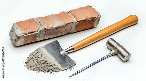 A close-up of a bricklayer's trowel, hammer, and chalk line tool, isolated on a white background, representing the tools used in masonry work