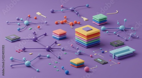 Abstract 3D Network with Colorful Cubes and Spheres on Purple Background