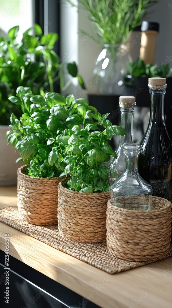 Fototapeta premium Grow Basil Herbs in Woven Pots