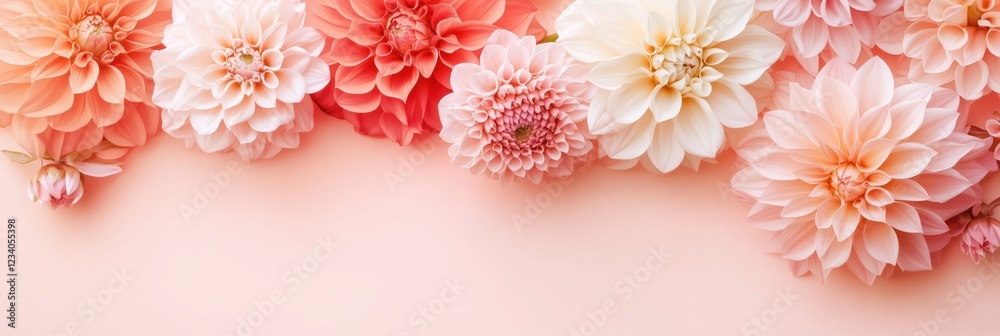 Obraz premium Different pink pastel dahlia flowers background with copy space. Banner, card for spring, summer, gardening. Floristic decoration. Natural floral background.