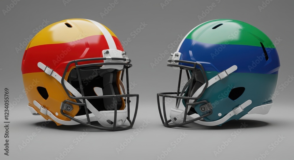 Two Football Helmets: Yellow, Red, White and Blue, Green, White Two Football Helmets: Yellow, Red, White and Blue, Green, White