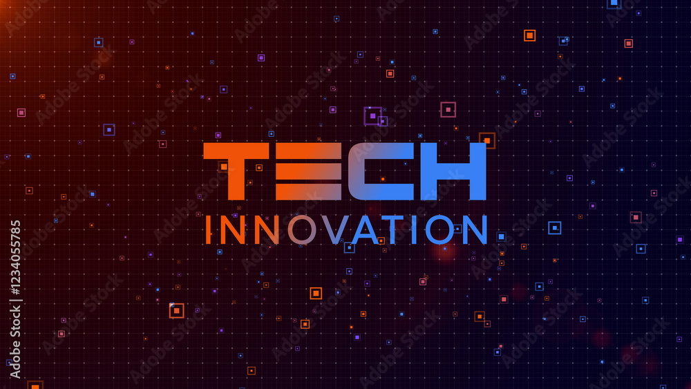 Obraz premium Modern digital background featuring Tech Innovation text over a glowing futuristic grid with blue and orange squares, ideal for technology, AI, and innovation themes