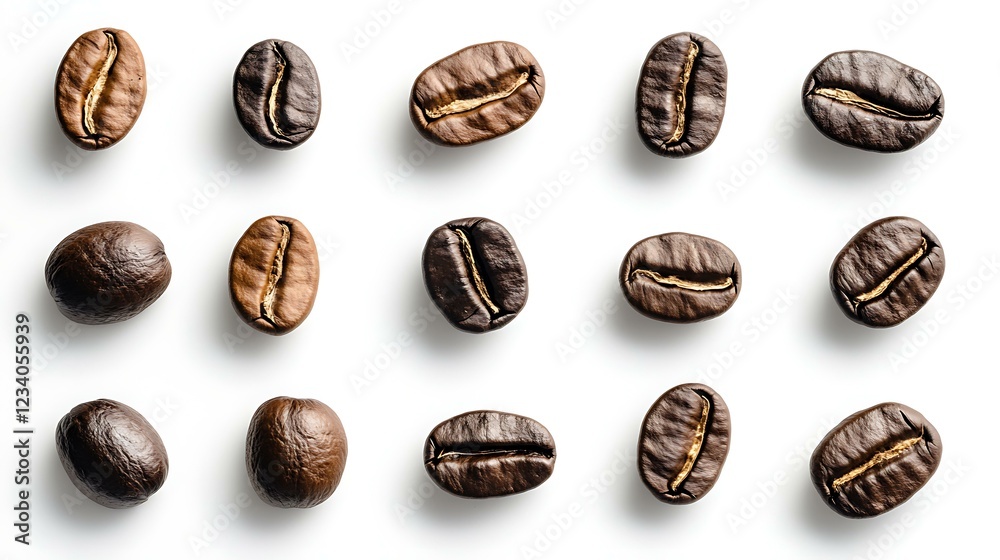 A collection of whole coffee beans with varied shapes, arranged against a white background to emphasize the natural source for grinding and coffee production A collection of whole coffee beans with varied shapes, arranged against a white background to emphasize the natural source for grinding and coffee production