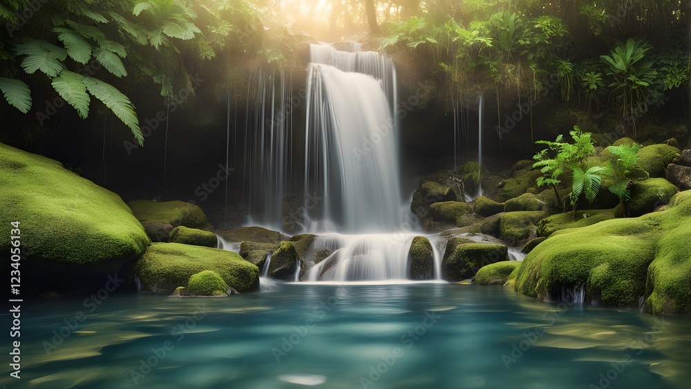 Serene waterfall cascading into a tranquil turquoise pool surrounded by lush, moss-covered rocks and vibrant tropical foliage. Serene waterfall cascading into a tranquil turquoise pool surrounded by lush, moss-covered rocks and vibrant tropical foliage.