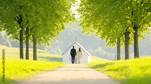 Romantic walk to countryside chapel in spring for wedding or celebration photo