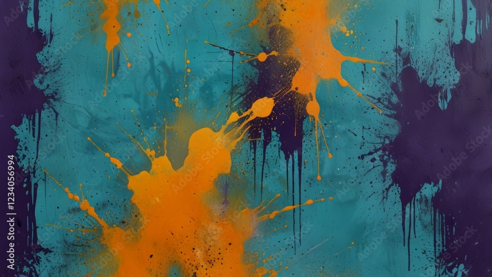 Fototapeta premium Dynamic Orange Paint Splash on Teal, Purple, and Gray Striped Background Creating Vibrant Movement