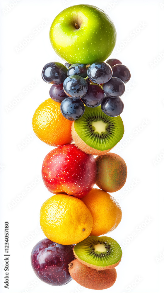 Vertical stack of colorful fresh fruits, including apples, grapes, oranges, kiwis, and plums, isolated on a white background Vertical stack of colorful fresh fruits, including apples, grapes, oranges, kiwis, and plums, isolated on a white background