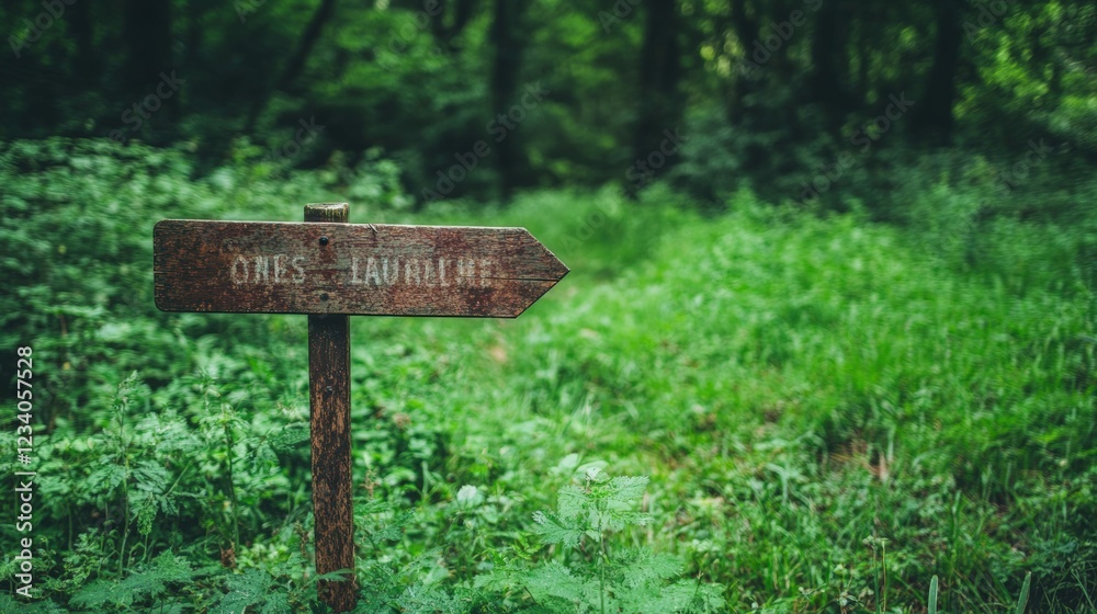 Scenic forest path with rustic wooden sign for nature tourism or adventure design Scenic forest path with rustic wooden sign for nature tourism or adventure design