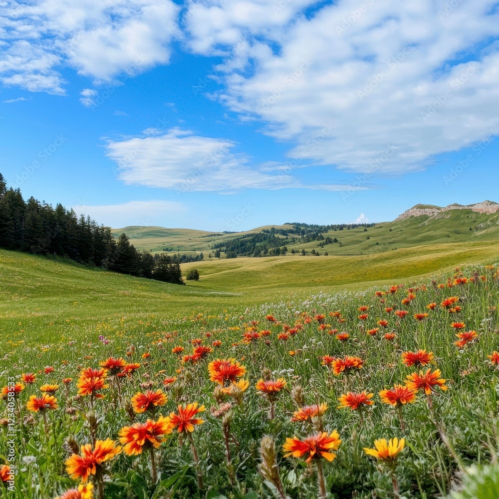 Vibrant Wildflowers in Meadow with Lush Green Hills and Blue Sky Vibrant Wildflowers in Meadow with Lush Green Hills and Blue Sky