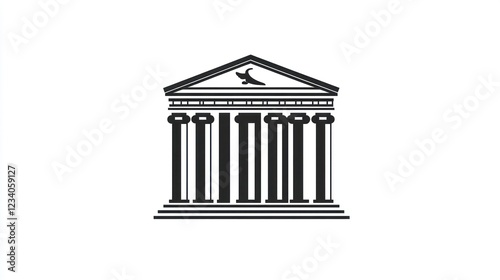 Classical building, columns, pediment, bird, white background, architectural design